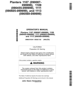 John Deere Planters 1107 (090087-), 1109 (090455-), 1111 (090605-), 1113 (090569-) Operator's Manual (OMAX10341)