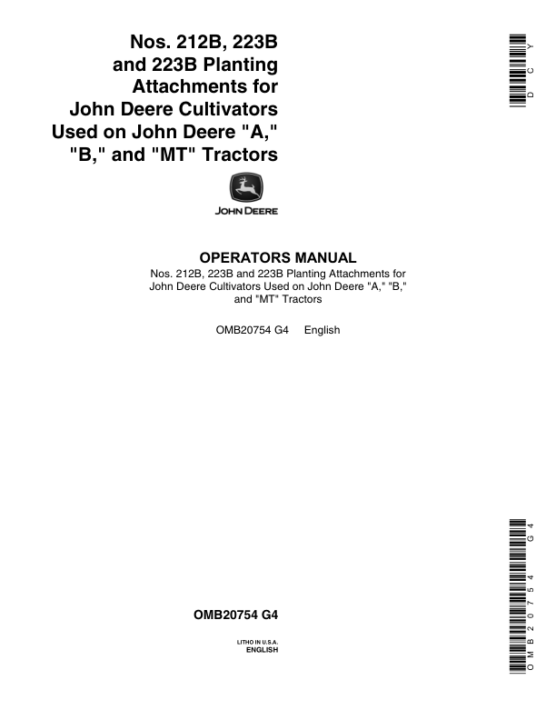 John Deere Nos. 212B, 223B, 223B Planting Attachments Operator's Manual (OMB20754)