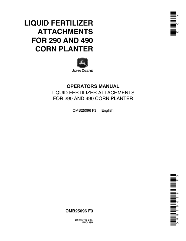 John Deere Liquid Fertilizer Attachment Planter Operator's Manual (OMB25096)
