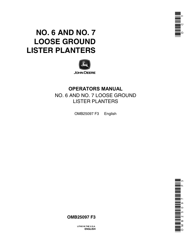 John Deere 6, 7 Loose Ground Lister Planter Operator's Manual (OMB25097)
