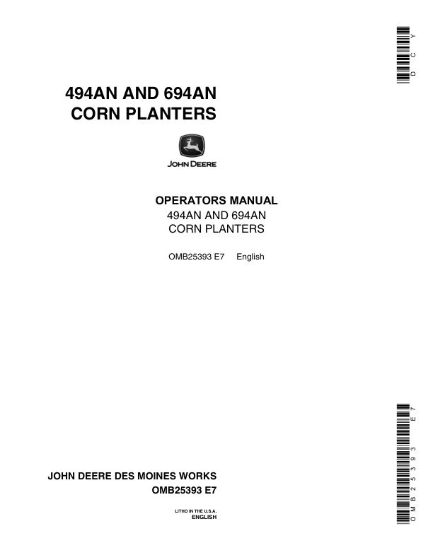 John Deere 494AN, 694AN Corn Planters Operator's Manual (OMB25393)