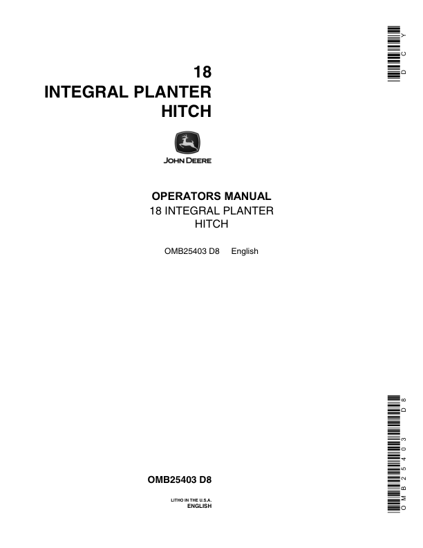 John Deere 18 Integral Planter Hitch Operator's Manual (OMB25403)