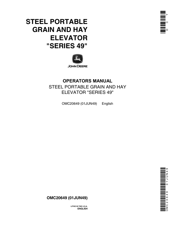 John Deere Steel Portable Grain & Hay Elevator - Series 49 Operator's Manual (OMC20649)