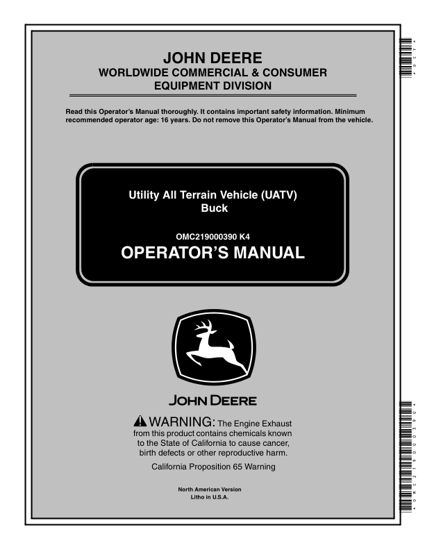 John Deere 500, 500EX, 500EXT Buck UATV (010001-) Operator's Manual (OMC219000390)