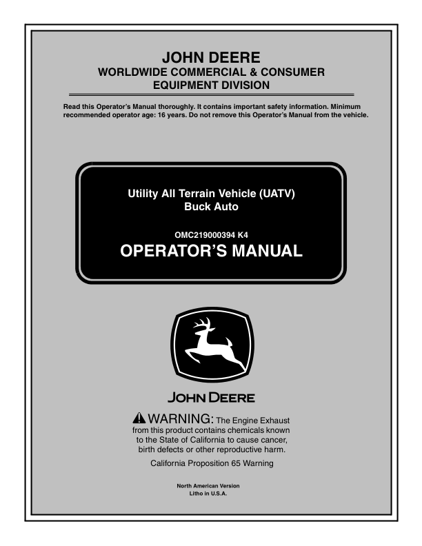 John Deere 500 Buck Auto Utility All Terrain Vehicle (020001-) Operator's Manual (OMC219000394)