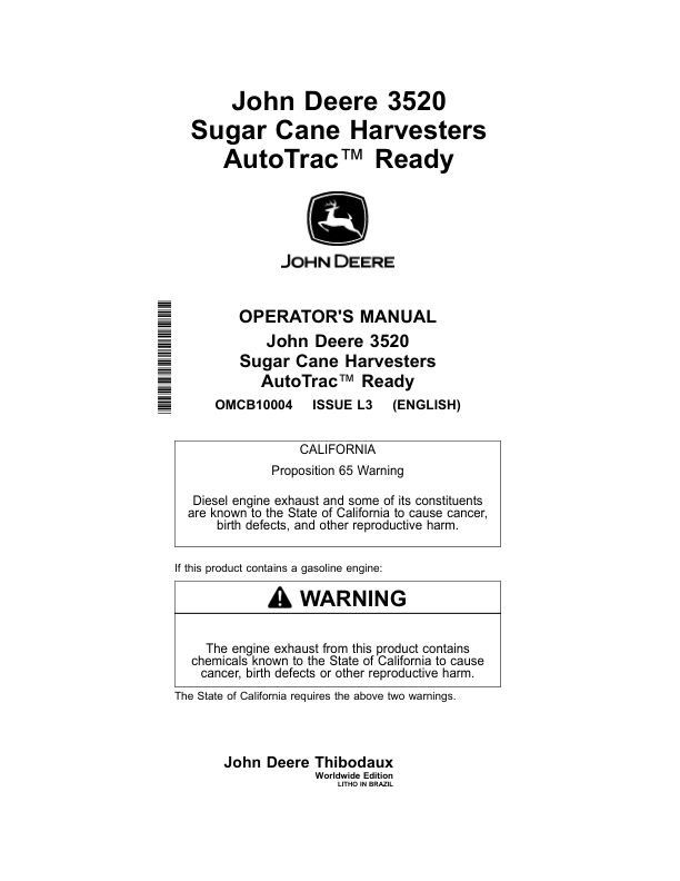 John Deere 3520 SUGAR CANE HARVESTERS AUTOTRAC READY Operator's Manual (OMCB10004)
