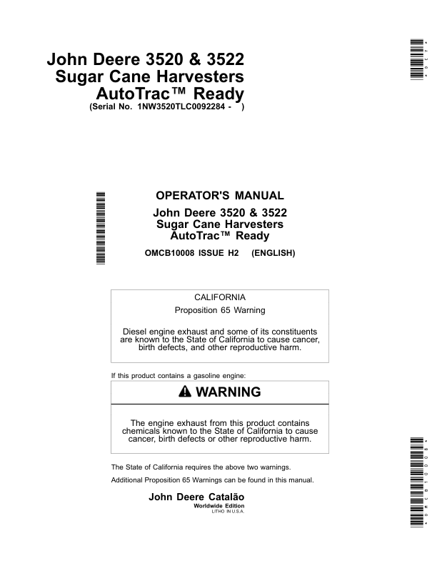 John Deere 3520, 3522 Sugar Cane Harvesters AutoTrac Ready Operator's Manual (OMCB10008)