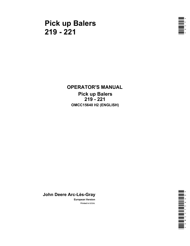 John Deere Pick up Balers 219 - 221 Operator's Manual (OMCC15640)