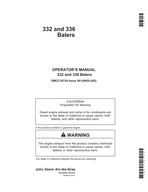 John Deere 332, 336 Balers (European Edition) Operator's Manual (OMCC16724)