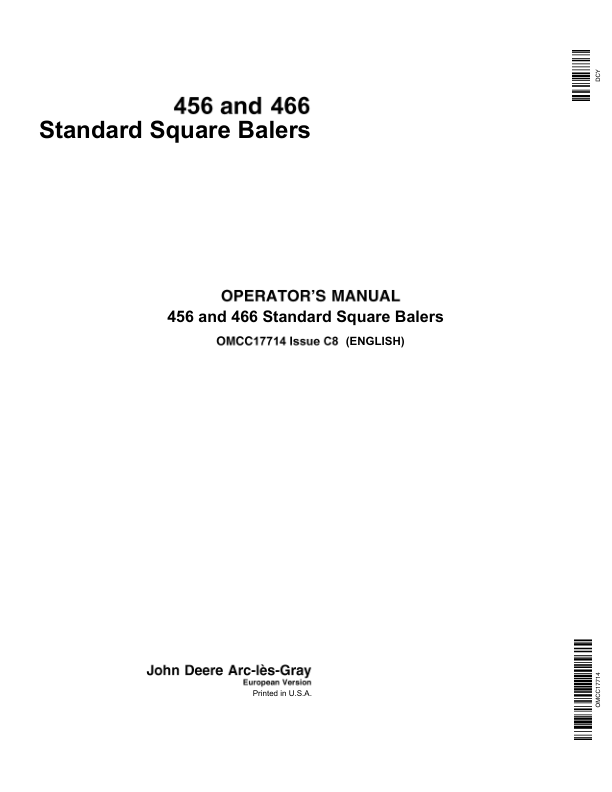 John Deere 457 & 466 Standard Square Balers Operator's Manual (OMCC17714)