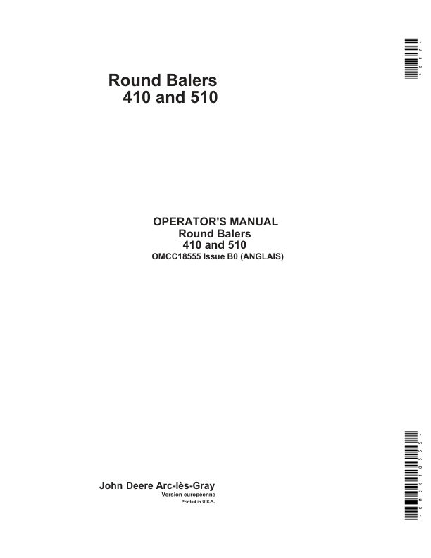 John Deere Round Balers 410, 510 Operator's Manual (OMCC18555)