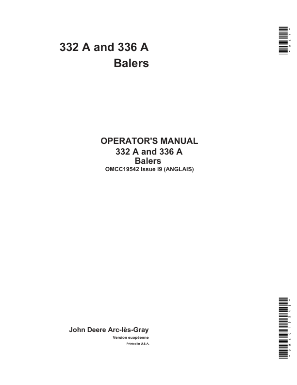John Deere 332 A, 336 A Balers Operator's Manual (OMCC19542)