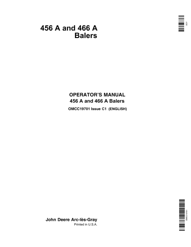 John Deere 456 A & 466 A Balers Operator's Manual (OMCC19701)