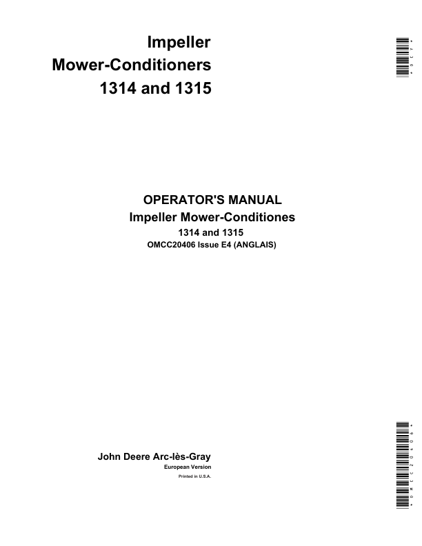 John Deere Impeller Mower-Conditioners 1314, 1315 Operator's Manual (OMCC20406)