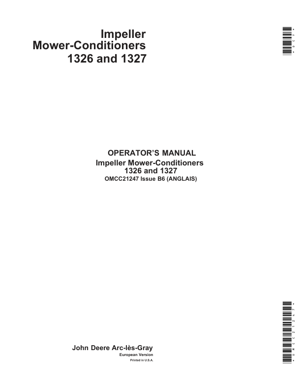John Deere impeller Mower-Conditioners 1326, 1327 Operator's Manual (OMCC21247)