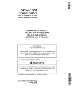 John Deere 545 (-278165), 550 (-290282) Round Balers Operator's Manual (OMCC27550)