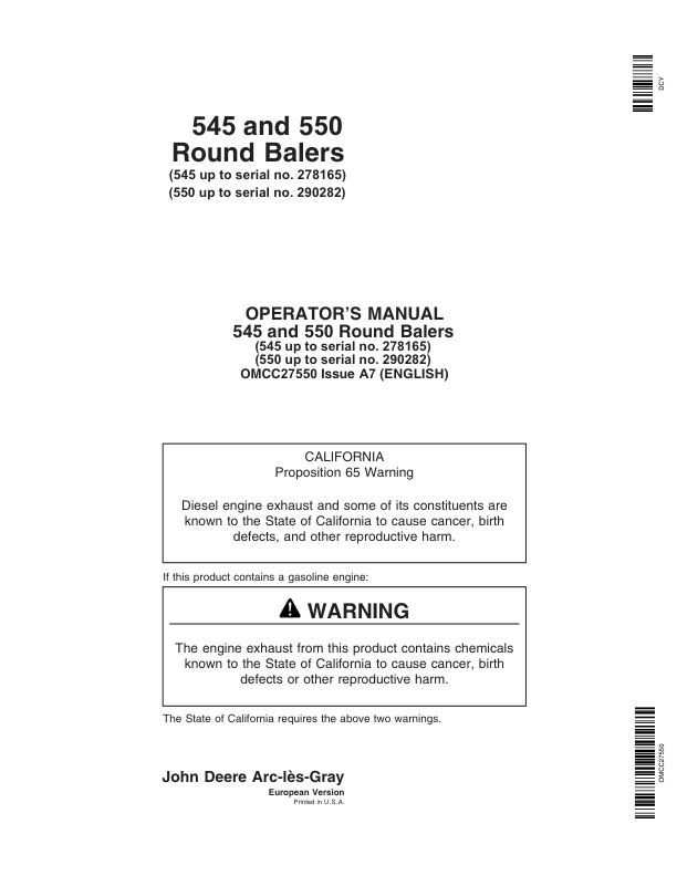 John Deere 545 (-278165), 550 (-290282) Round Balers Operator's Manual (OMCC27550)