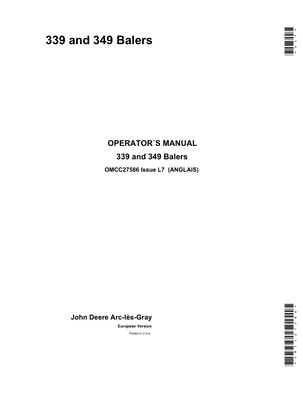 John Deere 339, 349 Balers Operator's Manual (OMCC27586)