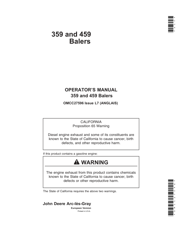 John Deere 359, 459 Balers Operator's Manual (OMCC27596)