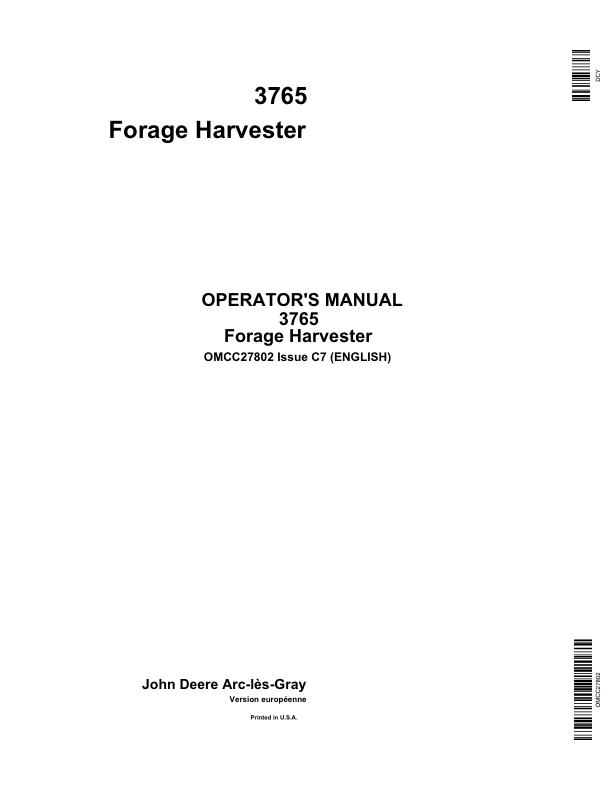John Deere 3765 Forage Harvesters Operator's Manual (OMCC27802)