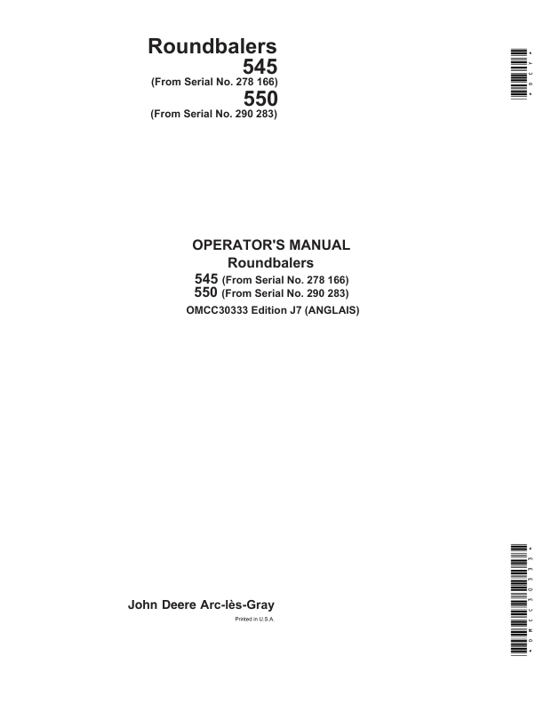 John Deere Roundbalers 545 & 550 Operator's Manual (OMCC30333)