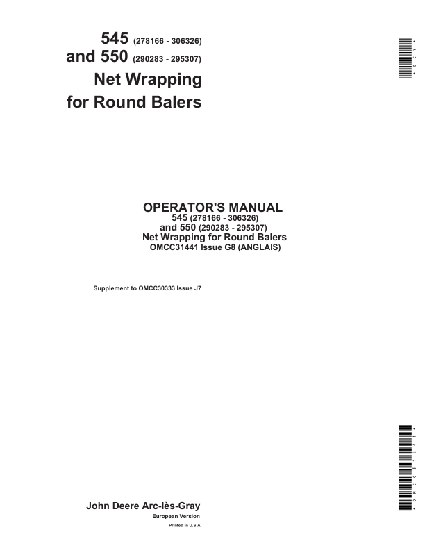 John Deere 545 & 550 Round Balers Net Wrapping Supplement Operator's Manual (OMCC31441)