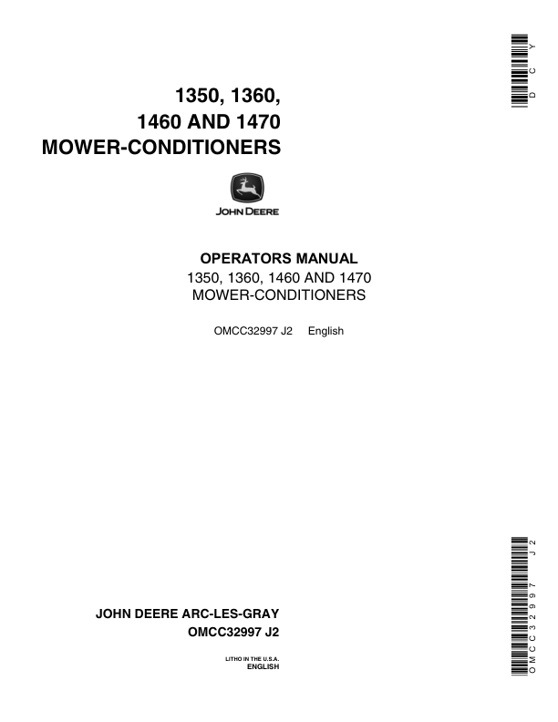 John Deere 1350, 1360, 1460, 1470 Mower Conditioners Operator's Manual (OMCC32997)