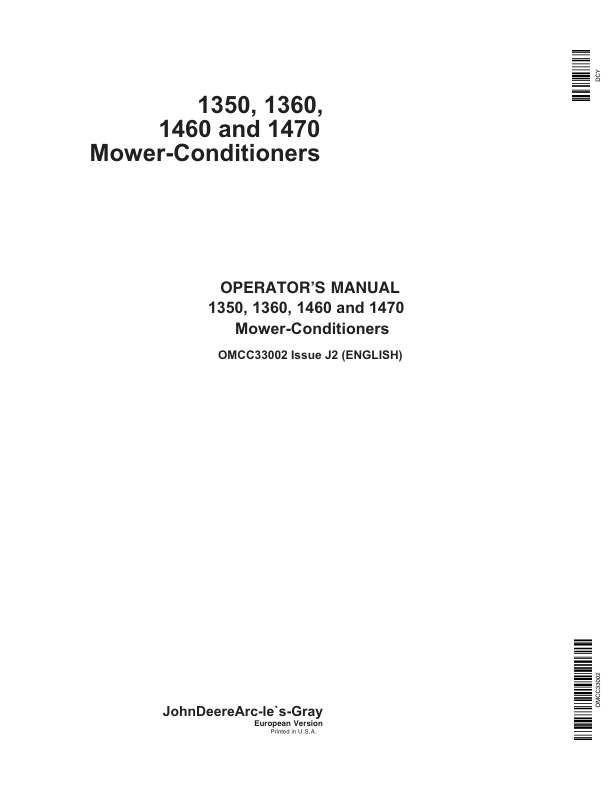 John Deere 1350, 1360, 1460 & 1470 Mower-Conditioners Operator's Manual (OMCC33002)