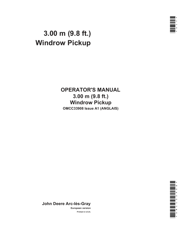 John Deere 3.00 m (9.8 ft.) Windrow Pickup Operator's Manual (OMCC33908)
