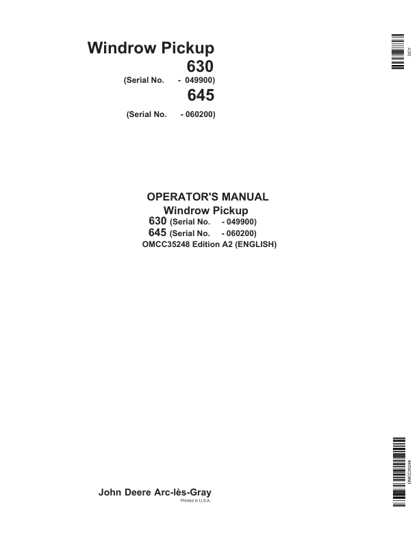 John Deere Windrow Pickup 630 (-049900), 645 (-060200) Operator's Manual (OMCC35248)