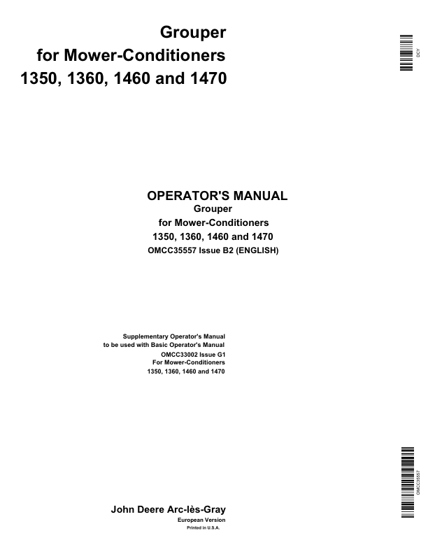 John Deere Grouper Attachment for 1350, 1360, 1460 & 1470 Mower-Conditioners Operator's Manual (OMCC35557)