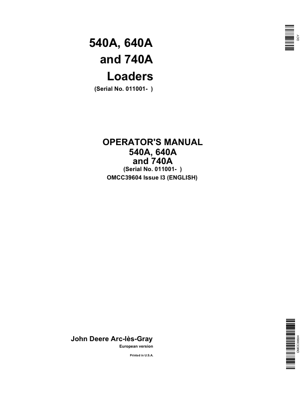 John Deere 540A, 640A & 740A Loaders Operator's Manual (OMCC39604)