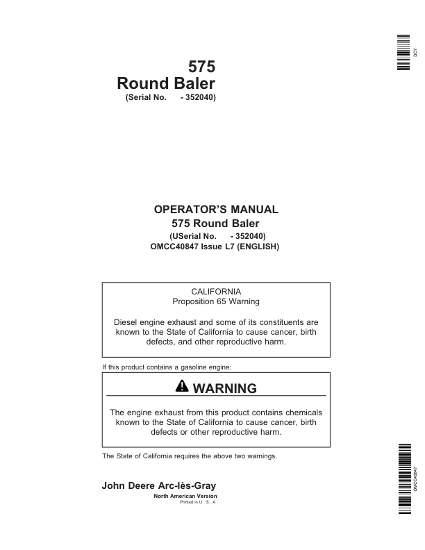 John Deere 575 Round Balers Operator's Manual (OMCC40847)