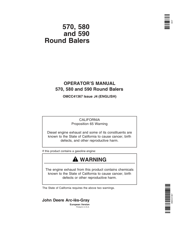 John Deere 570, 580 & 590 Round Balers Operator's Manual (OMCC41367)