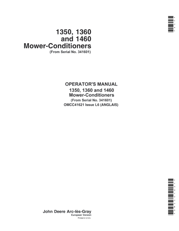 John Deere 1350, 1360, 1460 Mower-Conditioners Operator's Manual (OMCC41621)