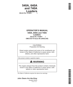 John Deere 540A, 640A, 740A Loaders Operator's Manual (OMCC42119)