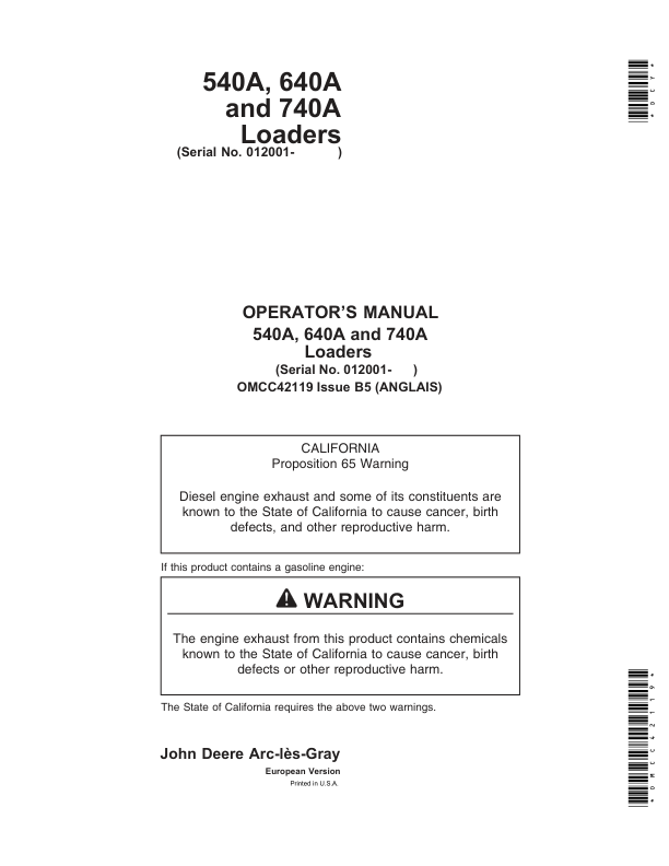 John Deere 540A, 640A, 740A Loaders Operator's Manual (OMCC42119)