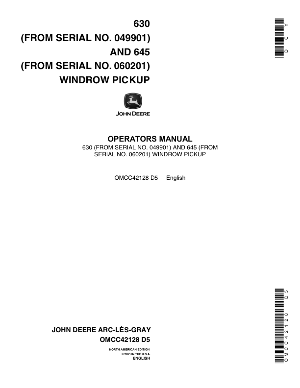 John Deere 630, 645 Windrow Pickup Operator's Manual (OMCC42128)