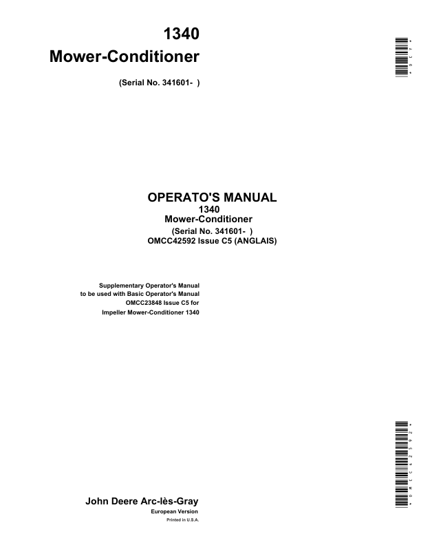 John Deere 1340 Mower-Conditioner Supplement for Machines Operator's Manual (OMCC42592)