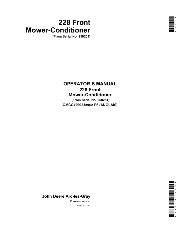 John Deere 228 Front Mower-Conditioner Operator's Manual (OMCC42992)