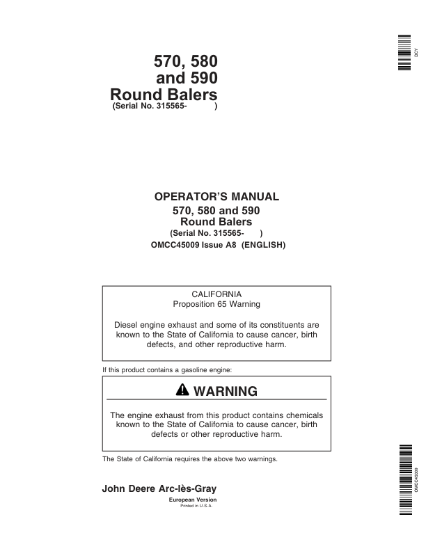 John Deere 570, 580, 590 Round Balers (315565-) Operator's Manual (OMCC45009)