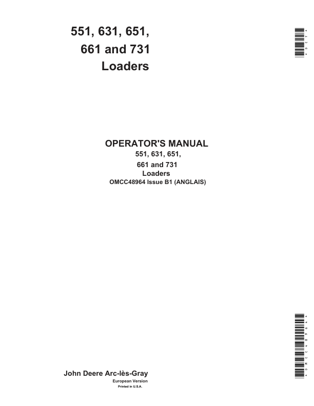 John Deere 551, 631, 651, 661 & 731 Front Loaders Operator's Manual (OMCC48964)