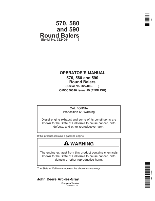 John Deere 570, 580, 590 Round Balers Operator's Manual (OMCC50090)