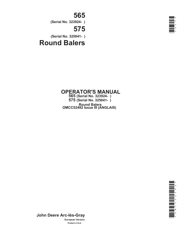 John Deere 565 & 575Round Balers Operator's Manual (OMCC52492)