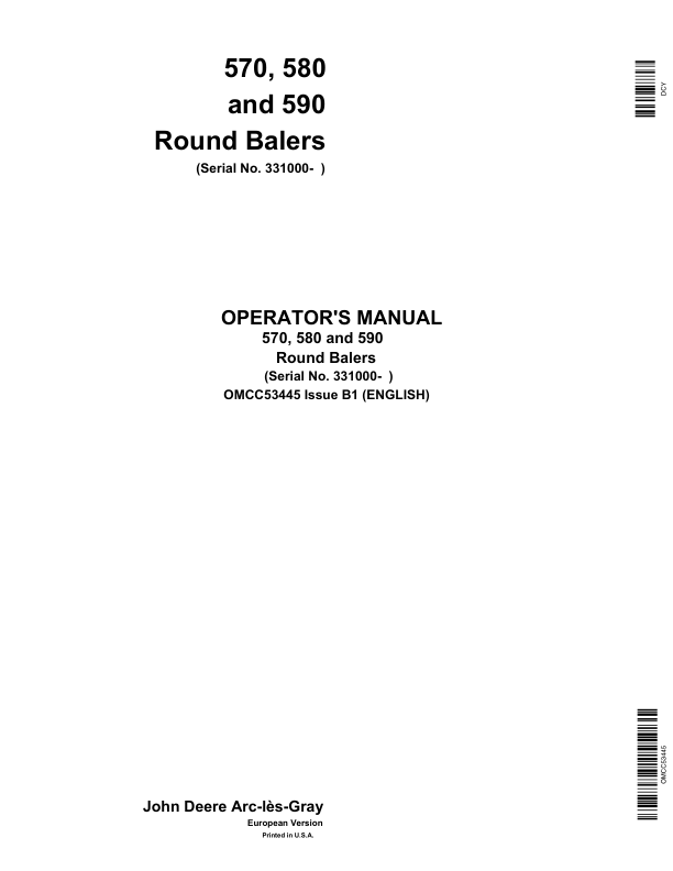 John Deere 570, 580 & 590 Round Balers Operator's Manual (OMCC53445)