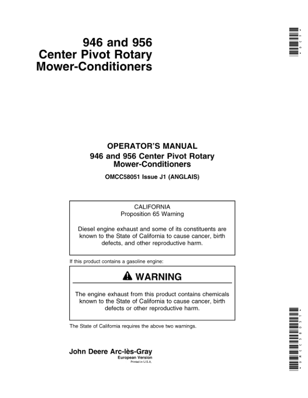 John Deere 946 & 956 Center Pivot Rotary Mower-conditioners Operator's Manual (OMCC58051)