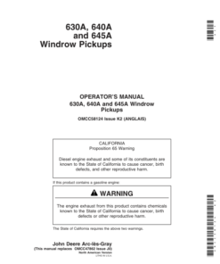 John Deere 630A, 640A, 645A Windrow Pickup Operator's Manual (OMCC58124)