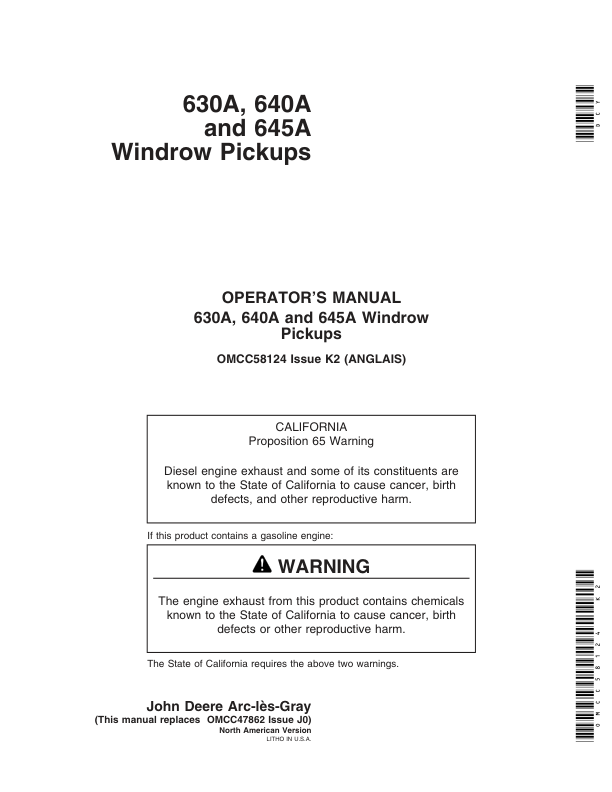 John Deere 630A, 640A, 645A Windrow Pickup Operator's Manual (OMCC58124)