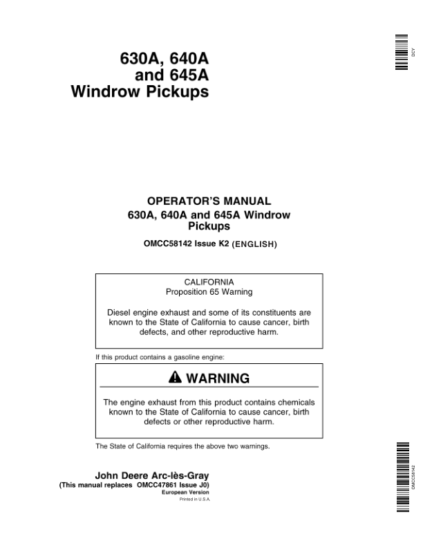 John Deere 630A, 640A & 645A Windrow Pickup Operator's Manual (OMCC58142)