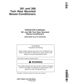 John Deere Double mower / conditioners back of the tractor, type 381, 388 (Ser. -283 699) Operator's Manual (OMCC58290)